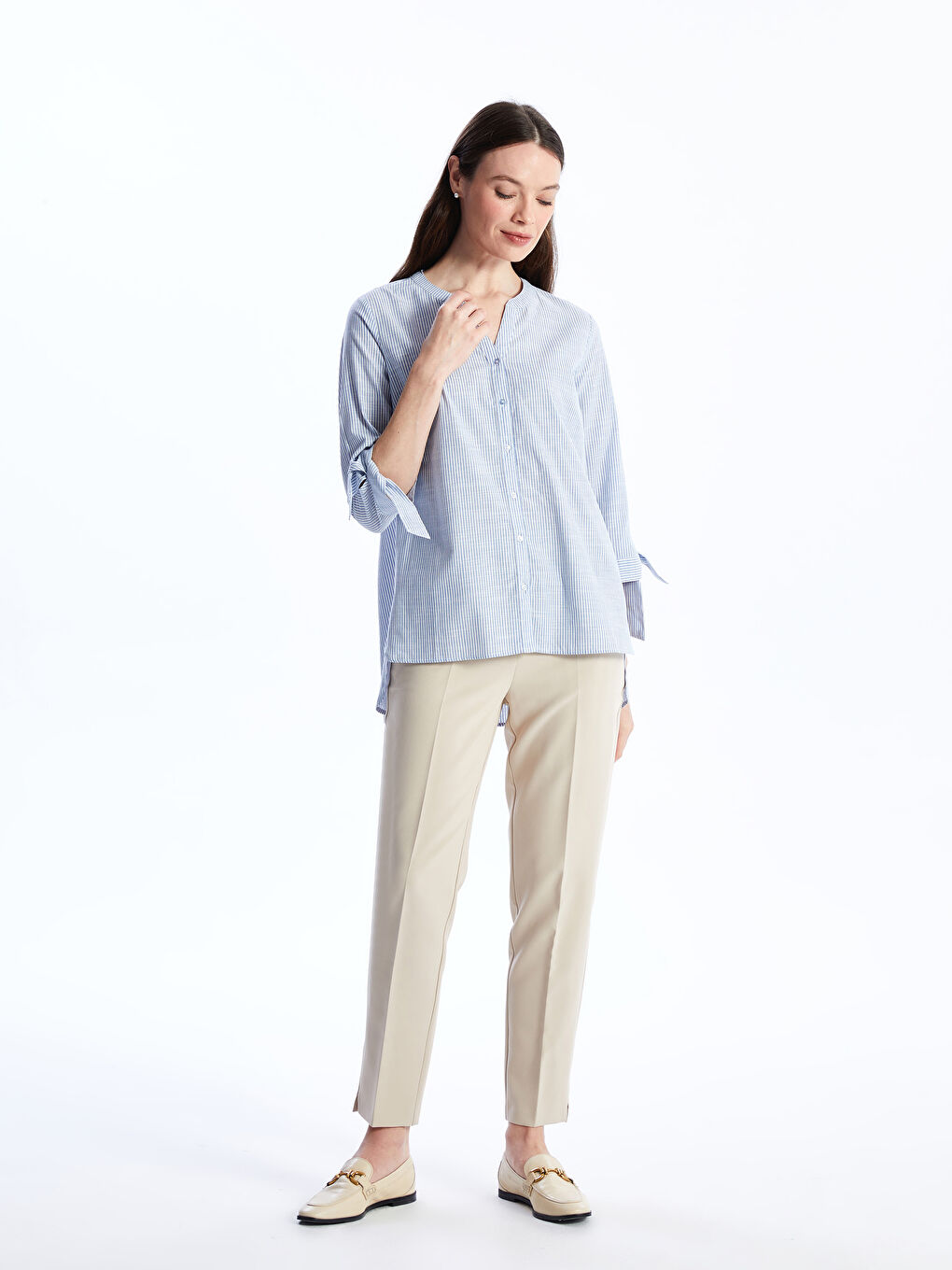 LCW Grace Notch Neck Striped Women's Shirt -S4BA62Z8-LEN