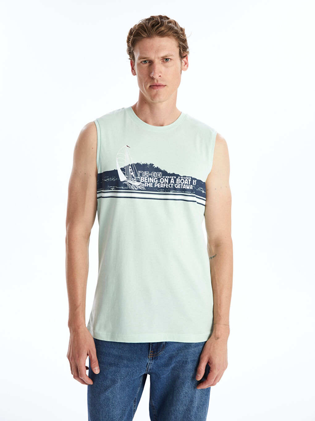 Yeşil Bisiklet Yaka Baskılı Erkek Kolsuz Tişört