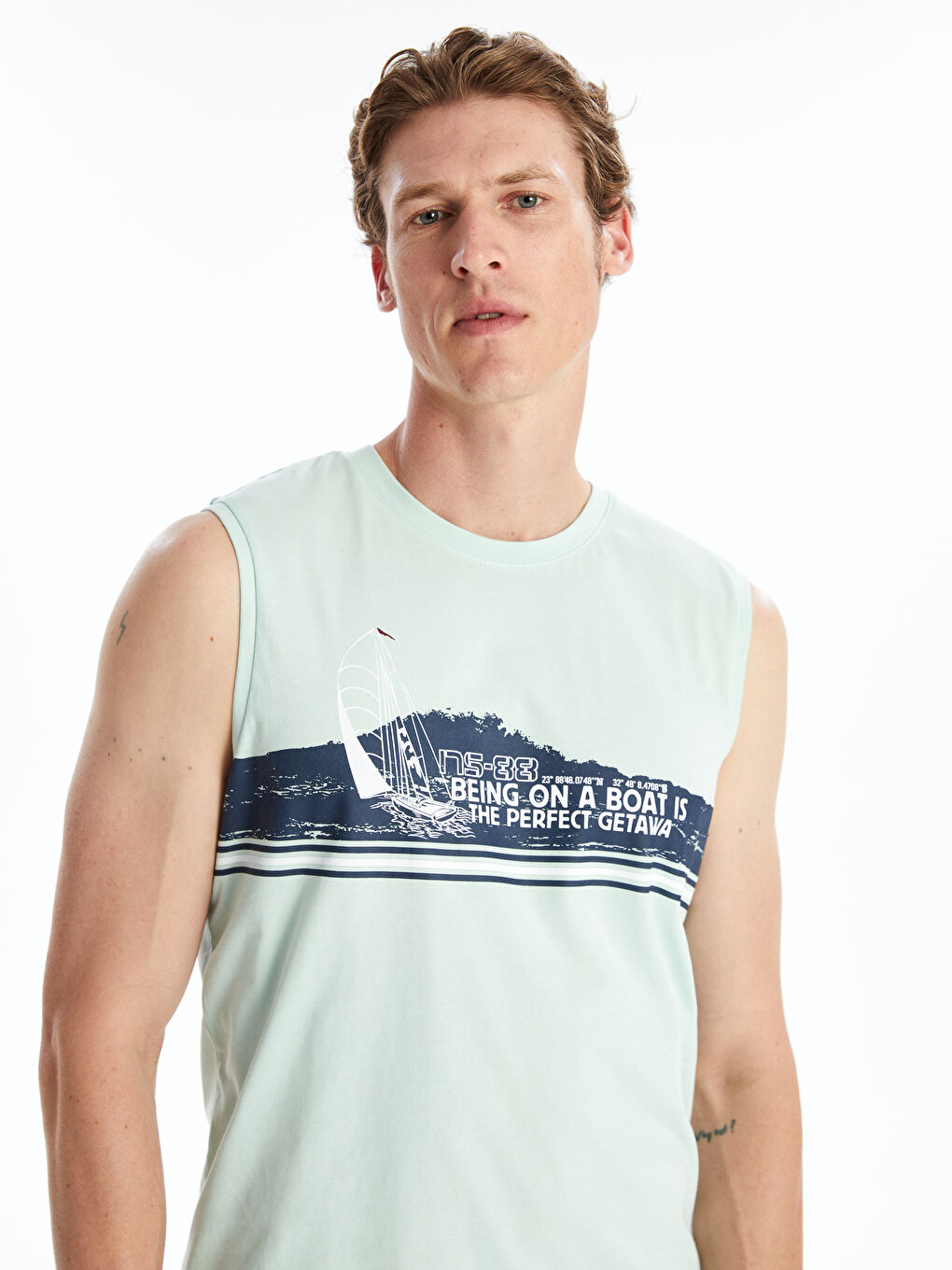 Yeşil Bisiklet Yaka Baskılı Erkek Kolsuz Tişört-1