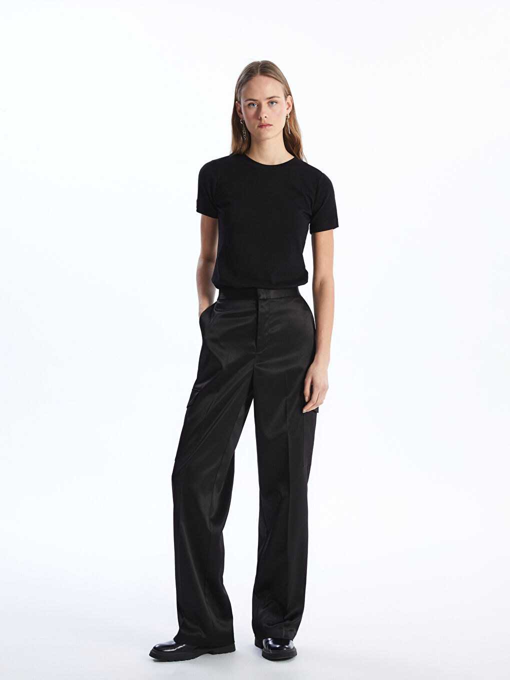 Elastic Waist Plain Satin Women's Trousers -S4BD83Z8-CVL