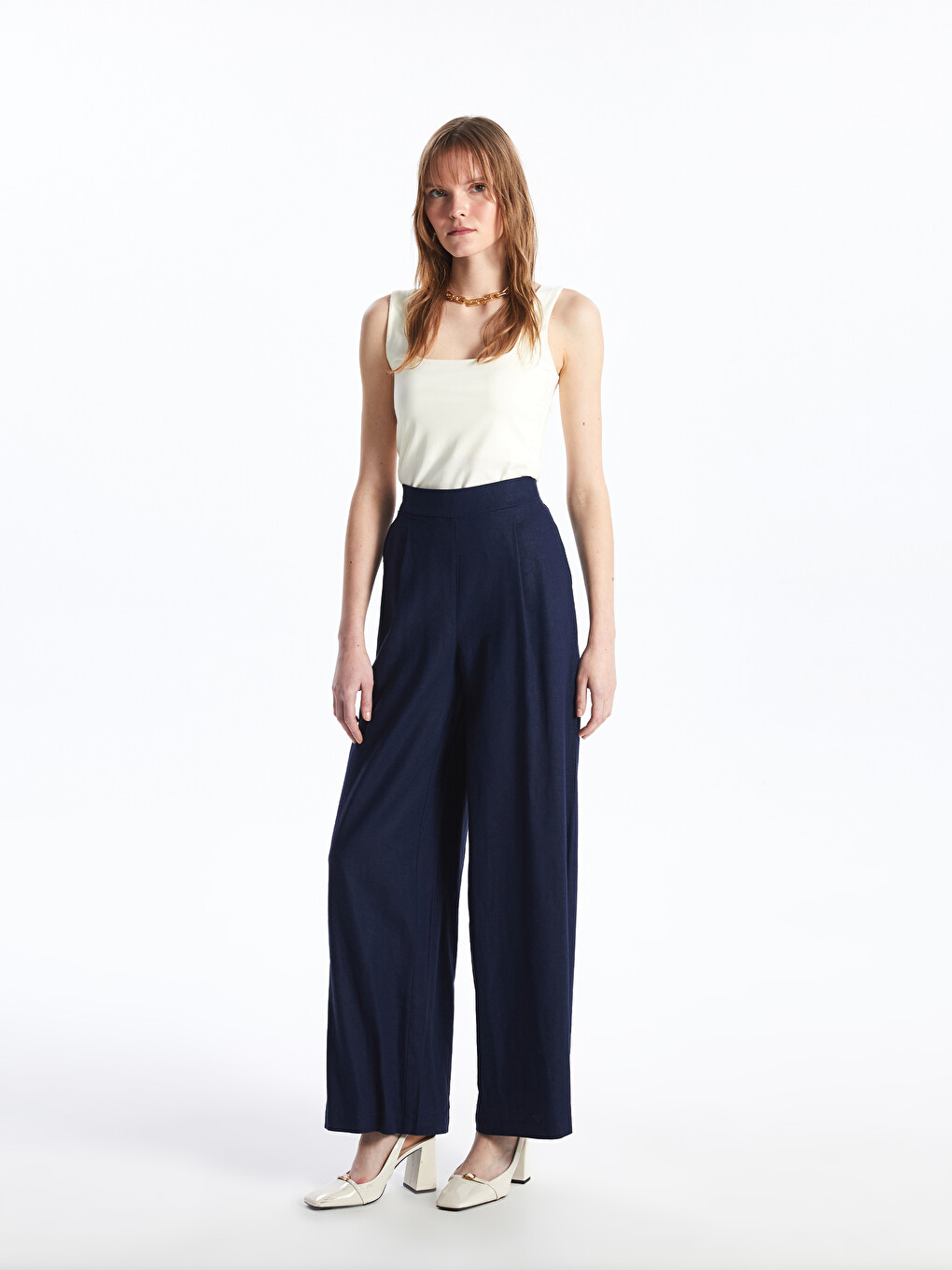 Elastic Waist Plain Wide Leg Women's Trousers