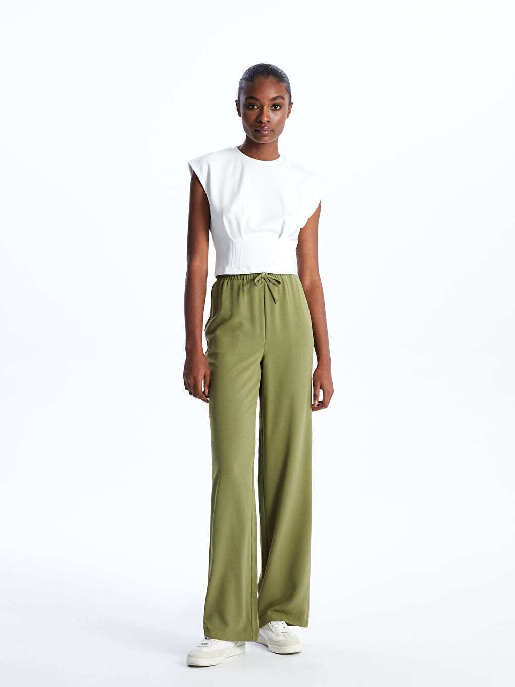 Haki Beli Lastikli Düz Geniş Paça Kadın Pantolon