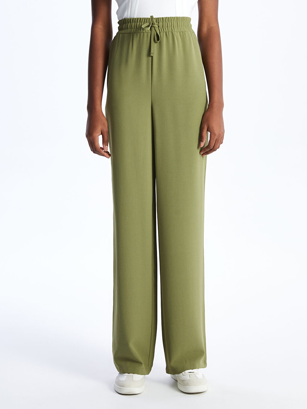 Haki Beli Lastikli Düz Geniş Paça Kadın Pantolon-2