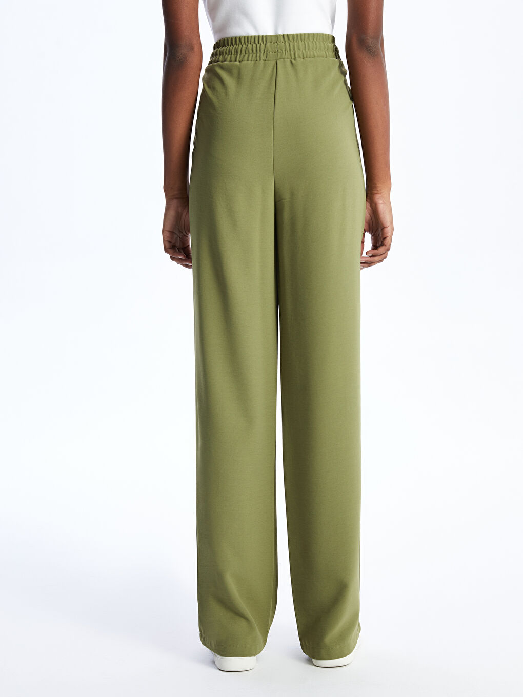 Haki Beli Lastikli Düz Geniş Paça Kadın Pantolon-3