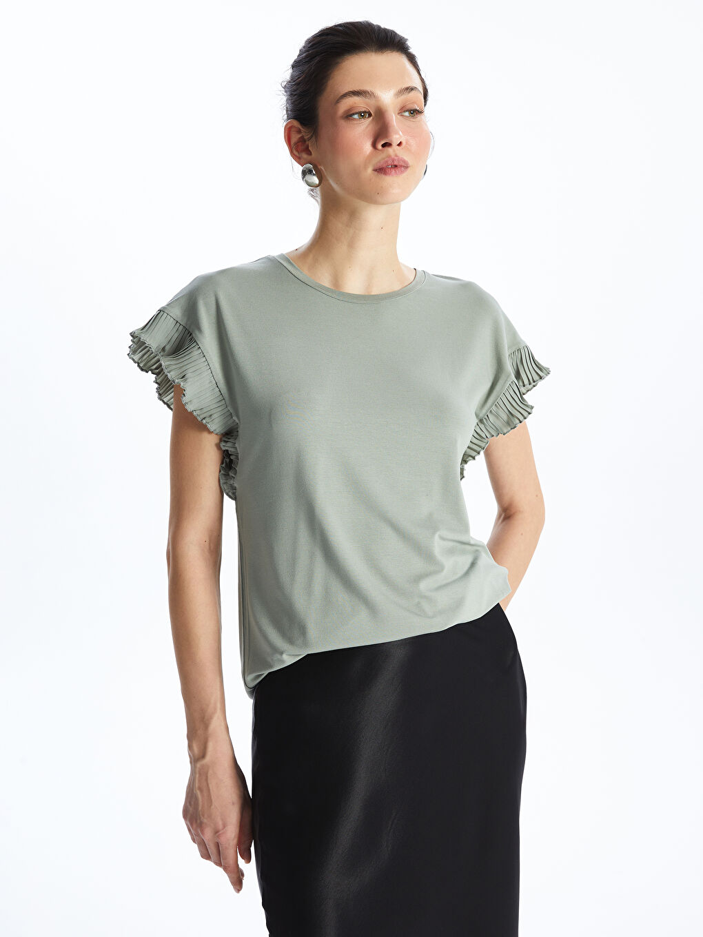 Yeşil Bisiklet Yaka Düz Kısa Kollu Kadın Tişört-2