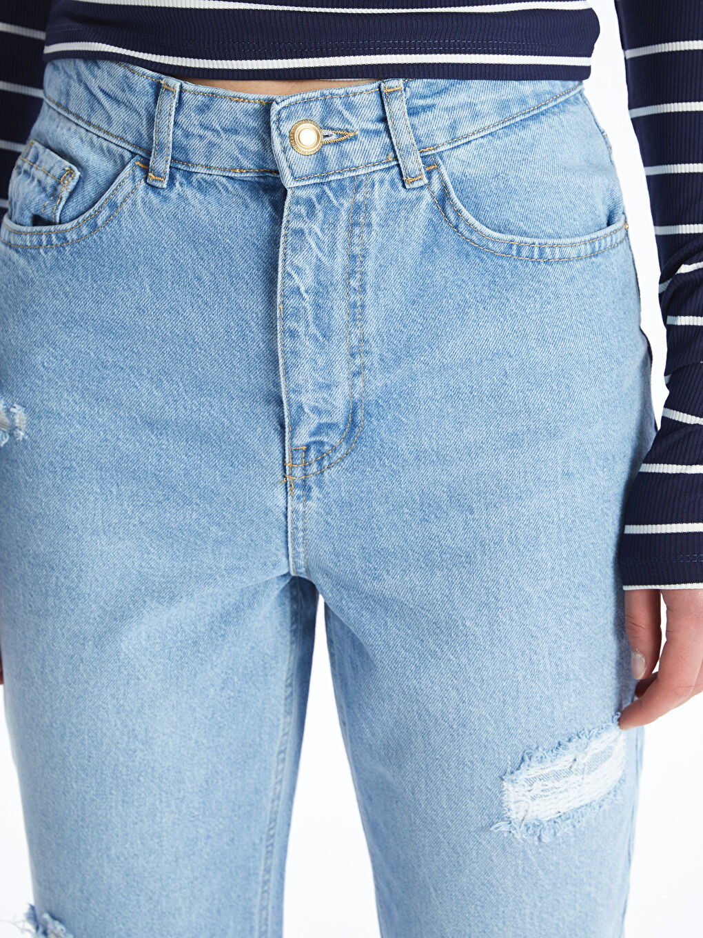 LCW Jeans Orta İndigo Rodeo Mom Fit Yırtık Detaylı Kadın Jean Pantolon - 3