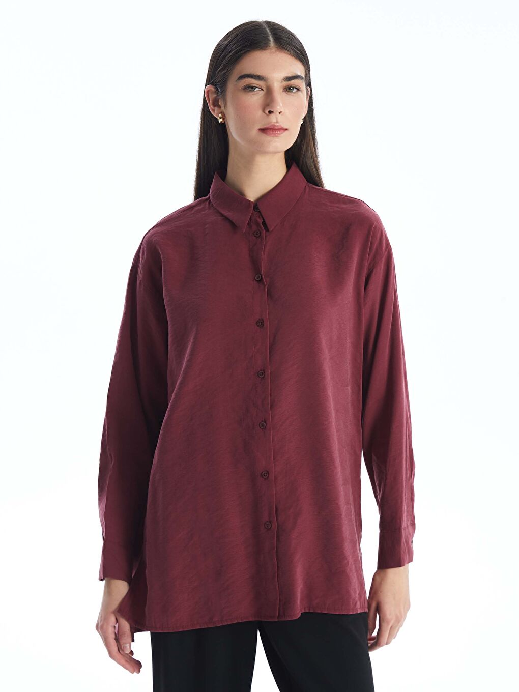 LCW Modest Bordo Düz Uzun Kollu Oversize Kadın Gömlek Tunik