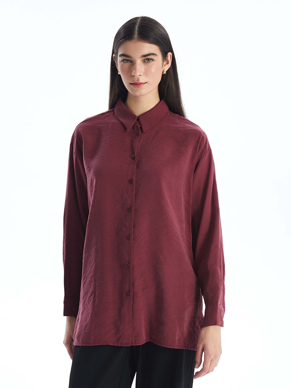 LCW Modest Bordo Düz Uzun Kollu Oversize Kadın Gömlek Tunik - 1