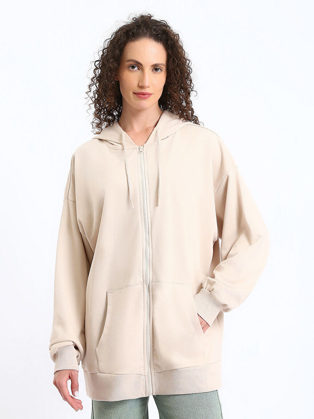 Hooded Plain Oversize Women's Zip-Up Sweatshirt