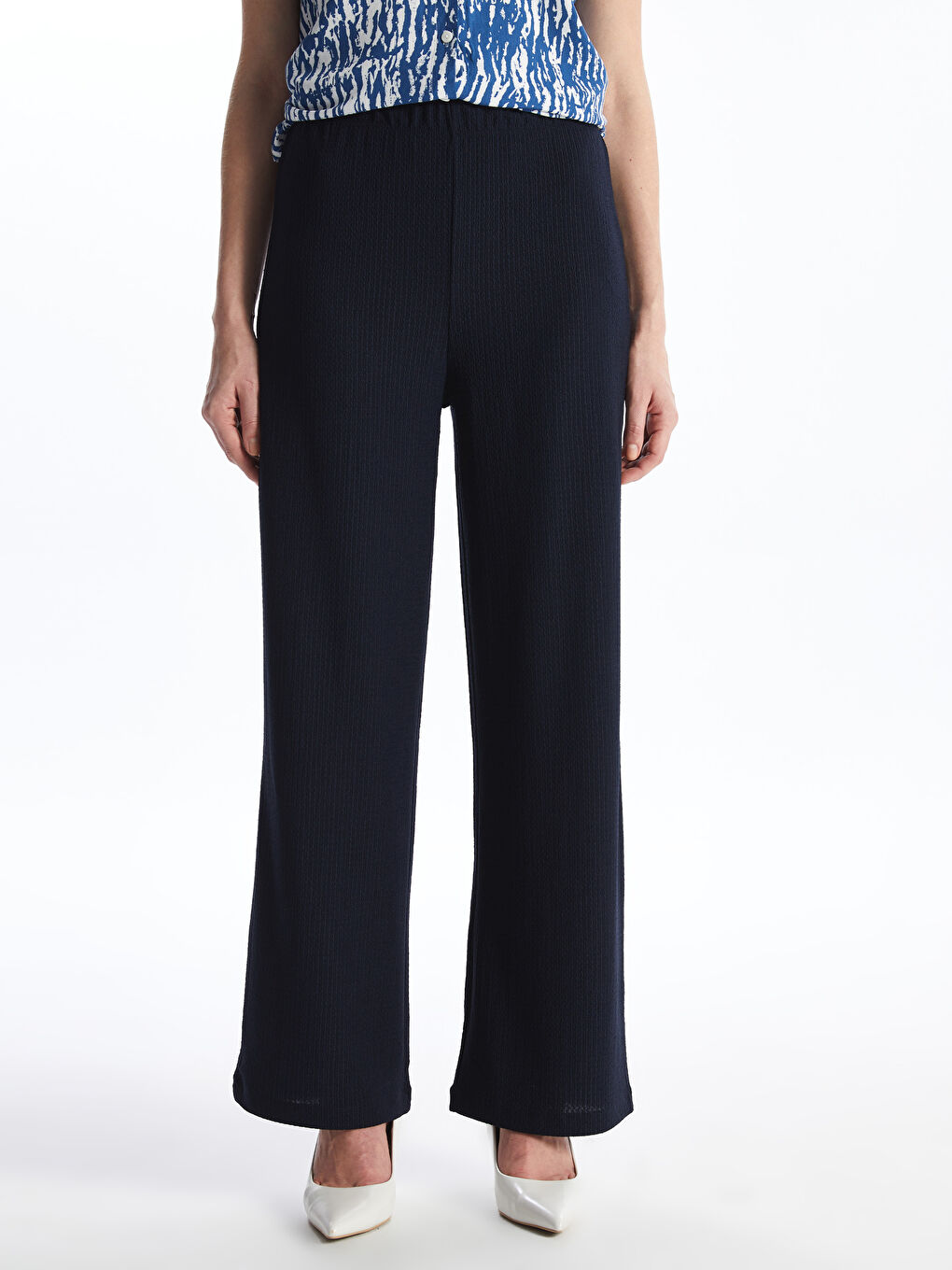 بنطلون واسع الساق سادة بخصر مرن للسيدات-3