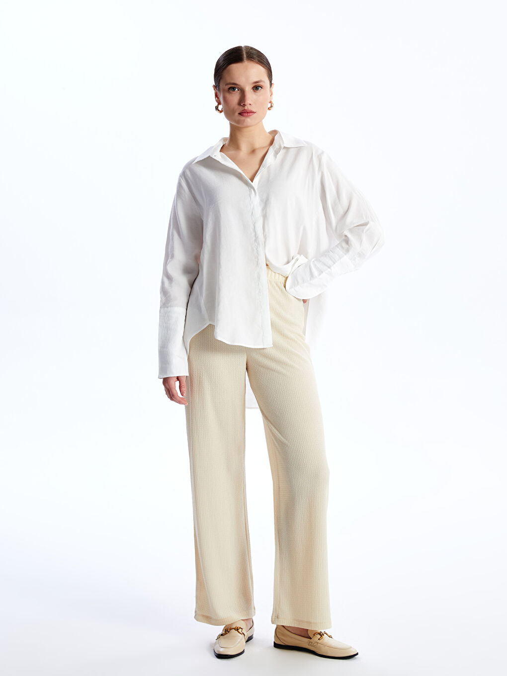 بنطلون واسع الساق سادة بخصر مرن للسيدات-1