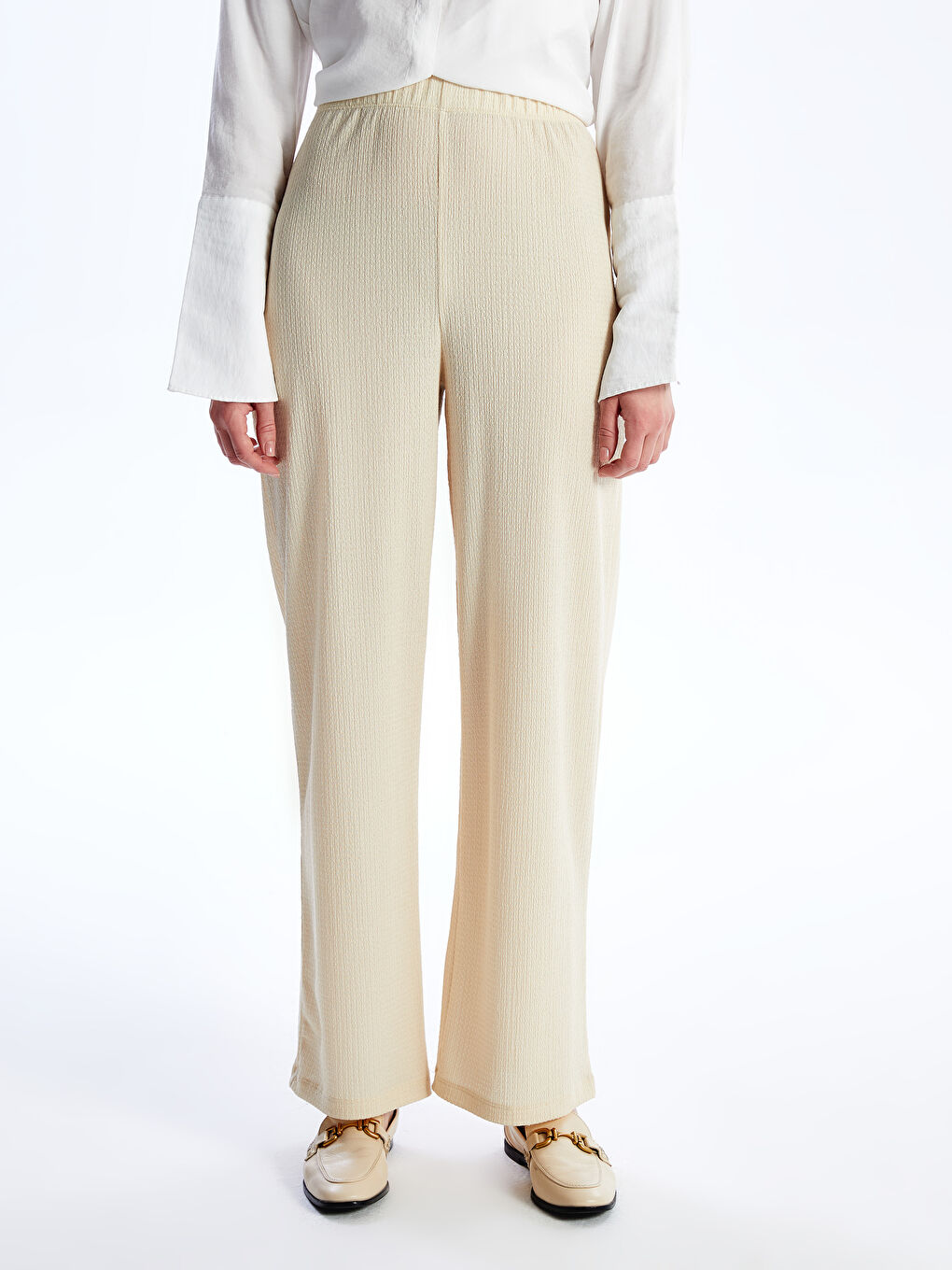 بنطلون واسع الساق سادة بخصر مرن للسيدات-2