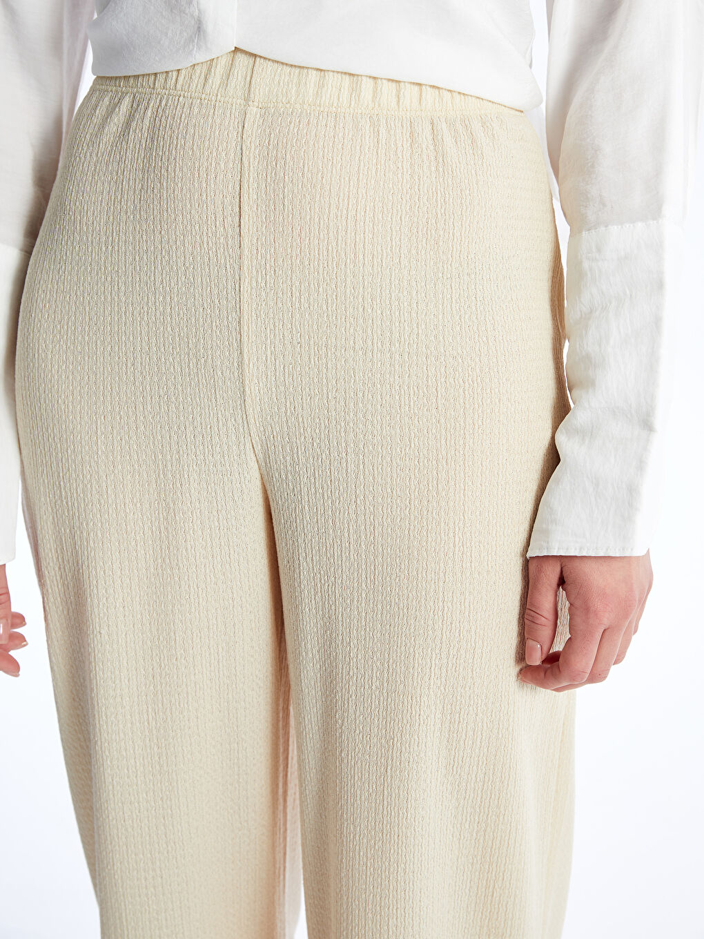 بنطلون واسع الساق سادة بخصر مرن للسيدات-4