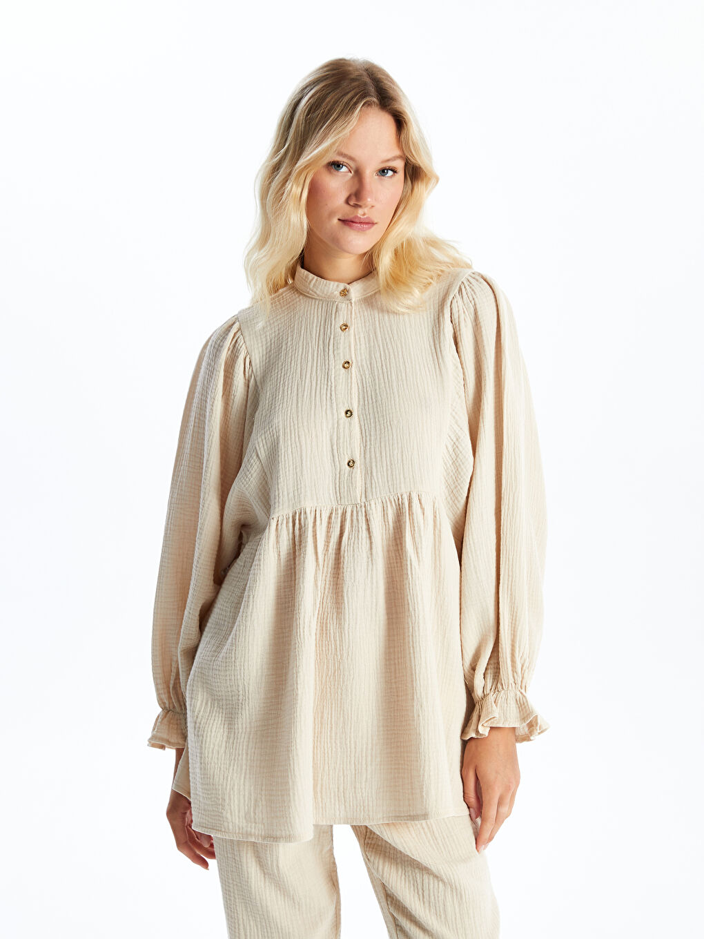 تونيك أوفراسايز كم طويل سادة بياقة مندرين للسيدات