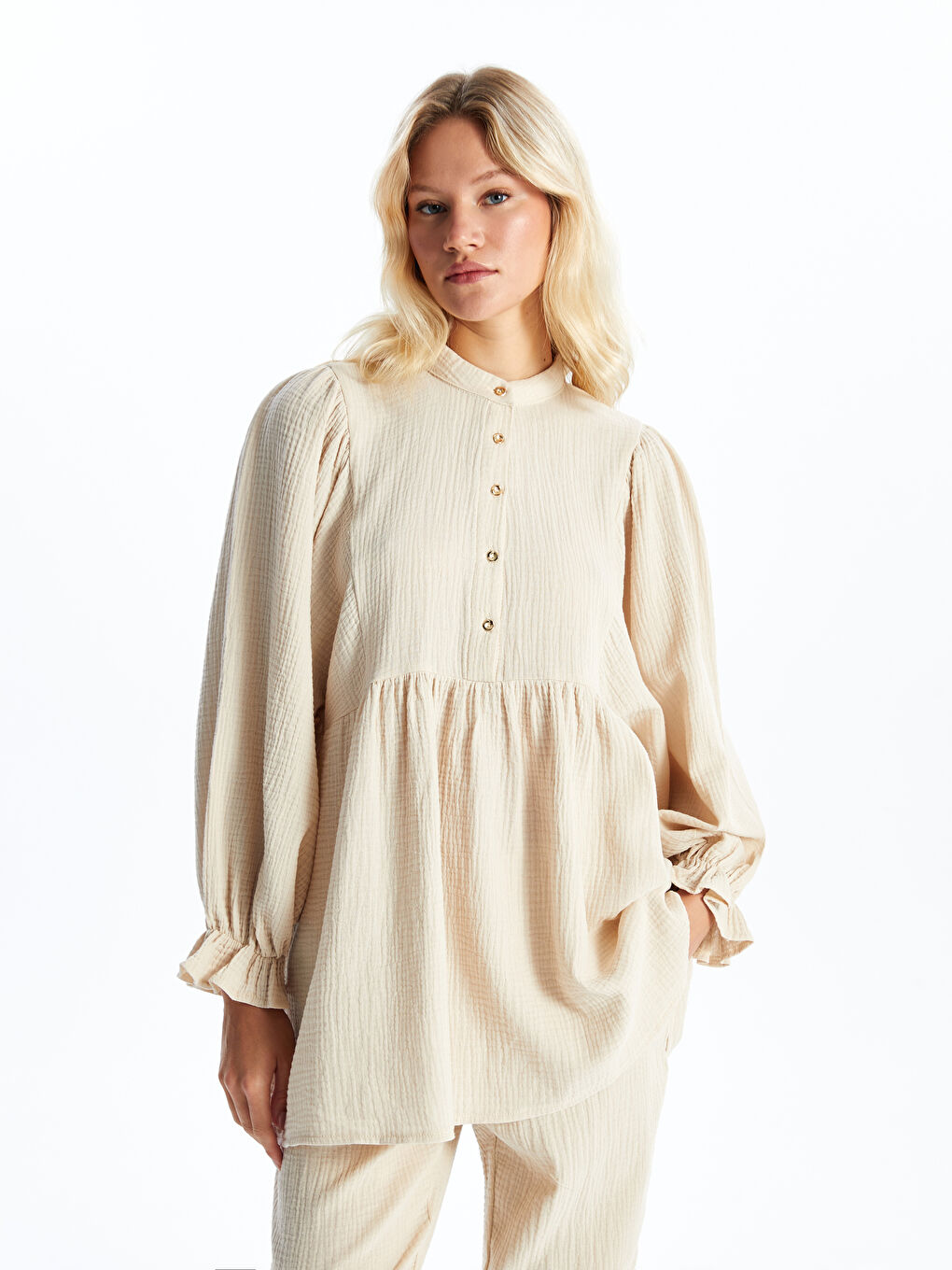 تونيك أوفراسايز كم طويل سادة بياقة مندرين للسيدات-1