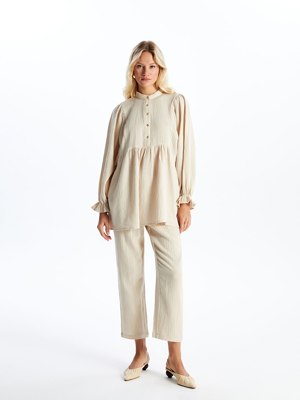 تونيك أوفراسايز كم طويل سادة بياقة مندرين للسيدات-2