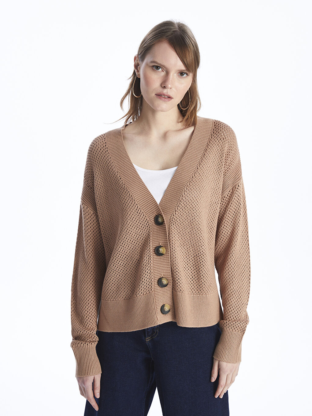 LC Waikiki V-Neck Hole-Knitted Long Sleeve Oversize Women's Knitwear Cardigan -S4BG97Z8-FP3