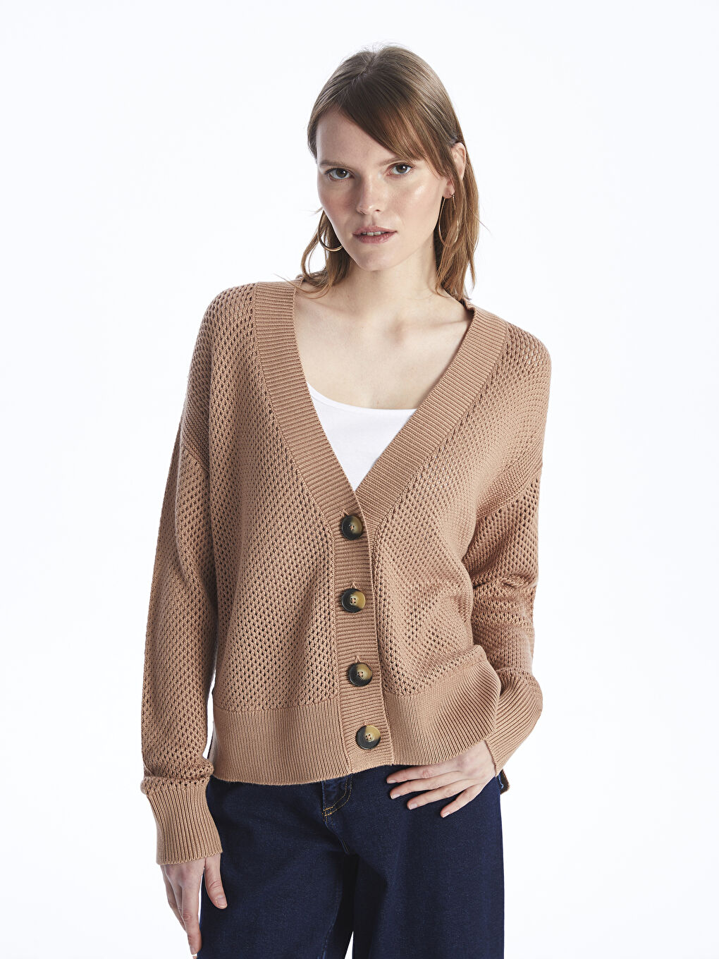 LC Waikiki V-Neck Hole-Knitted Long Sleeve Oversize Women's Knitwear Cardigan -S4BG97Z8-FP3