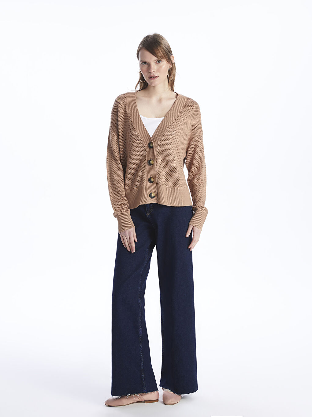 LC Waikiki V-Neck Hole-Knitted Long Sleeve Oversize Women's Knitwear Cardigan -S4BG97Z8-FP3