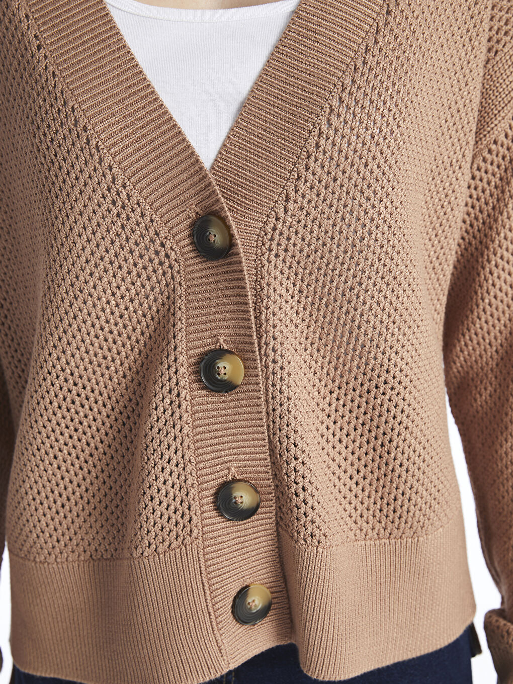LC Waikiki V-Neck Hole-Knitted Long Sleeve Oversize Women's Knitwear Cardigan -S4BG97Z8-FP3