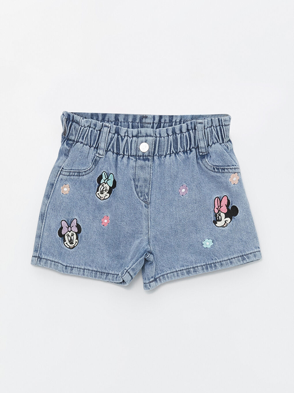 LCW baby Mavi Asit Yıkamalı Beli Lastikli Minnie Mouse Nakışlı Kız Bebek Jean Şort - 3