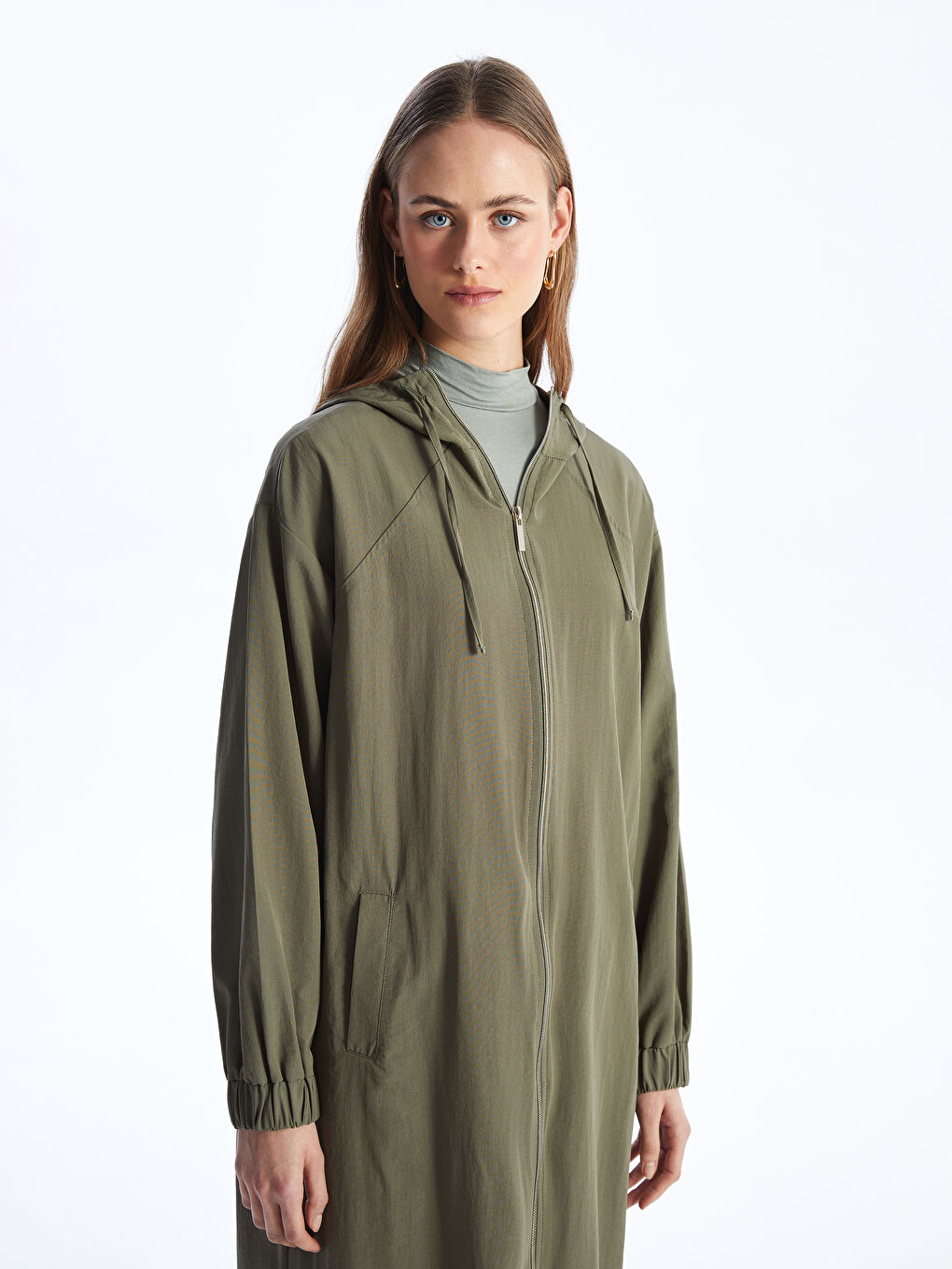 Haki Kapüşonlu Düz Oversize Kadın Mont