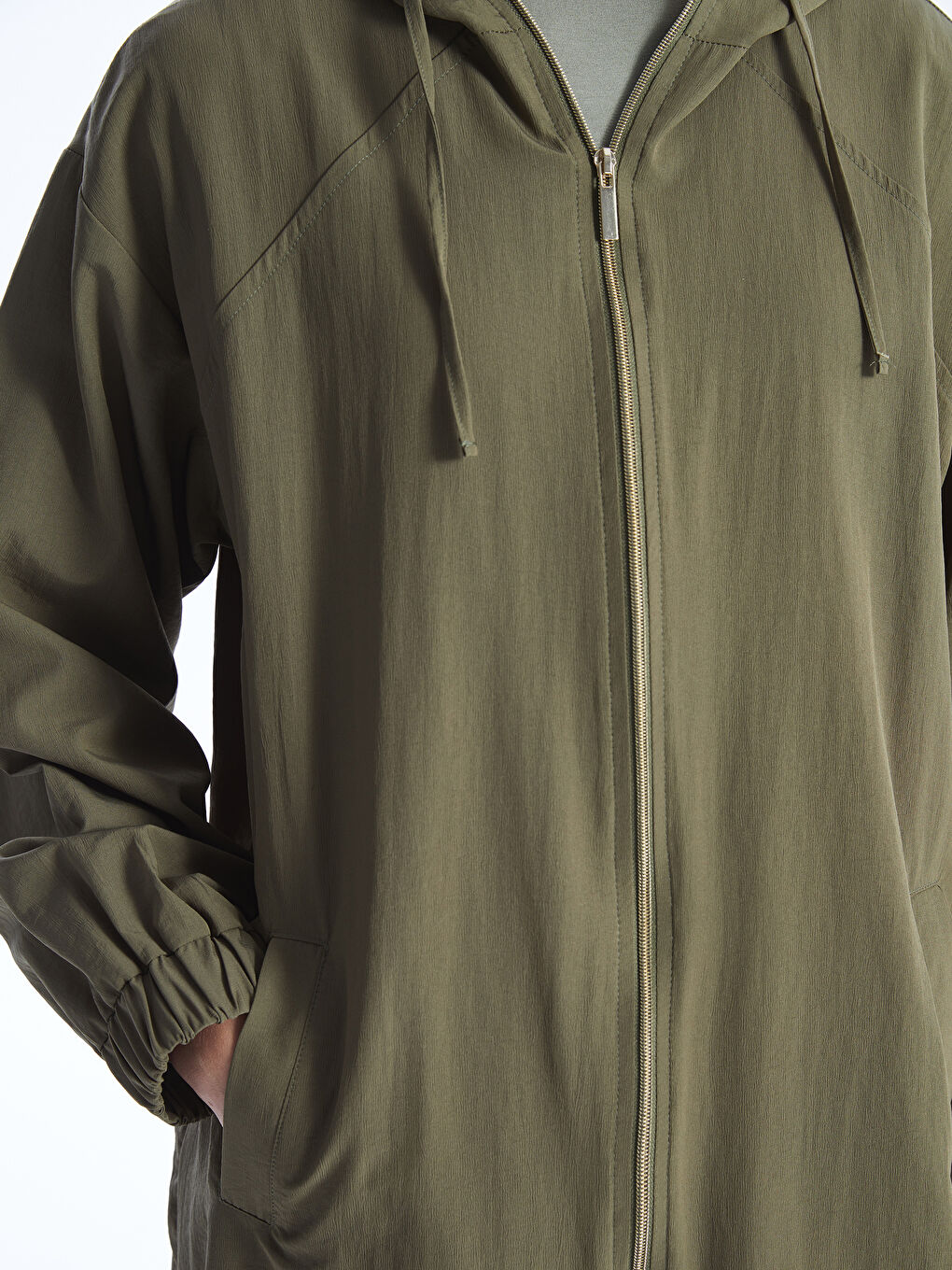 Haki Kapüşonlu Düz Oversize Kadın Mont-2