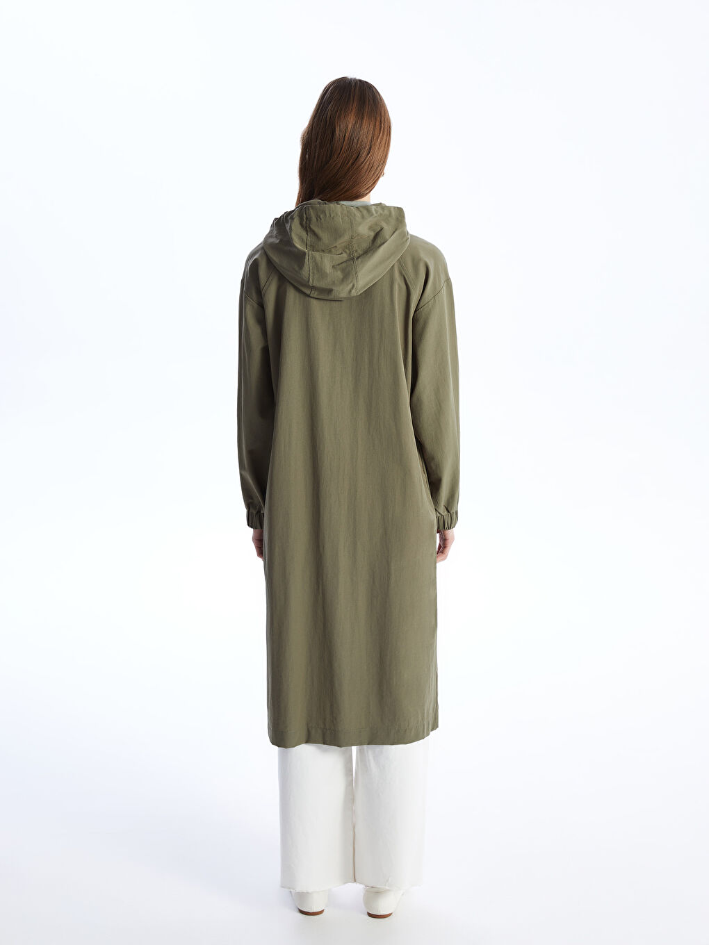 Haki Kapüşonlu Düz Oversize Kadın Mont-3