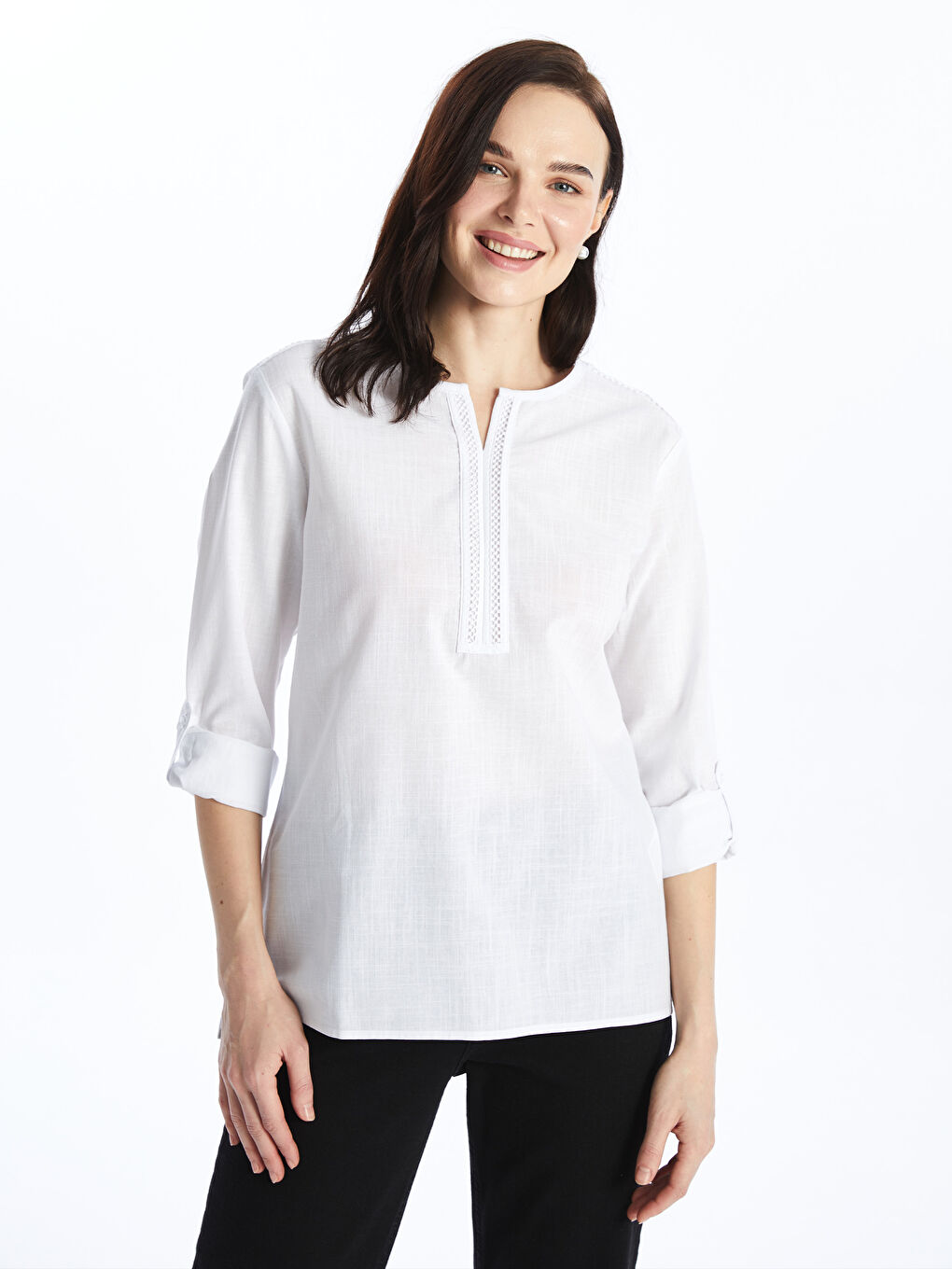 Notch Neck Embroidered Long Sleeve Women's Blouse -S4BI86Z8-EEW