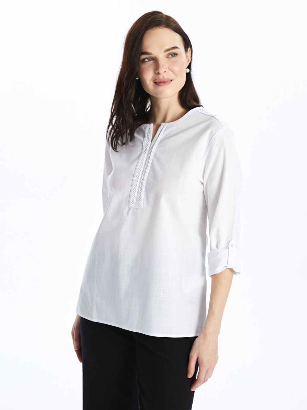 Notch Neck Embroidered Long Sleeve Women's Blouse -S4BI86Z8-EEW