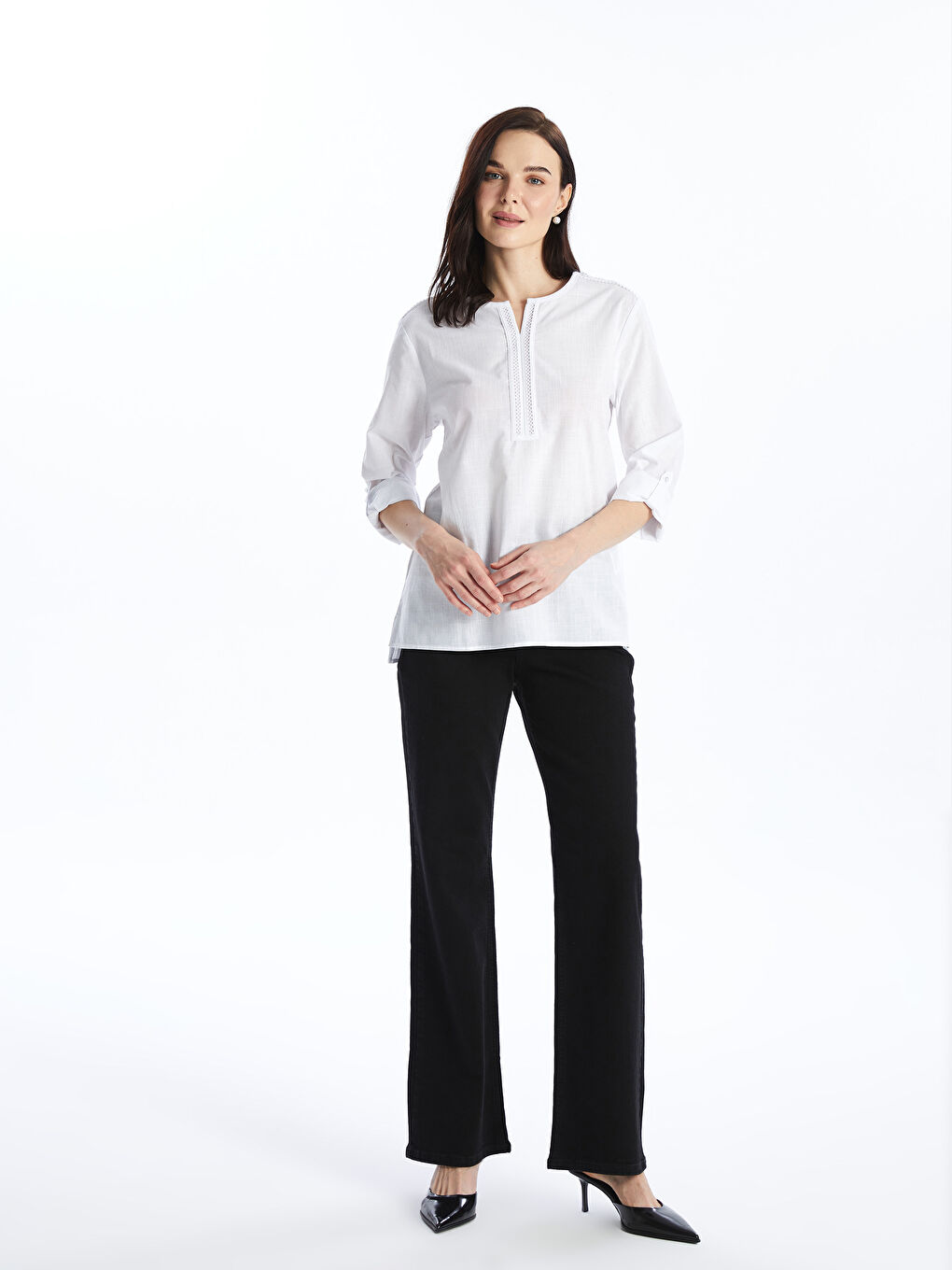 Notch Neck Embroidered Long Sleeve Women's Blouse -S4BI86Z8-EEW