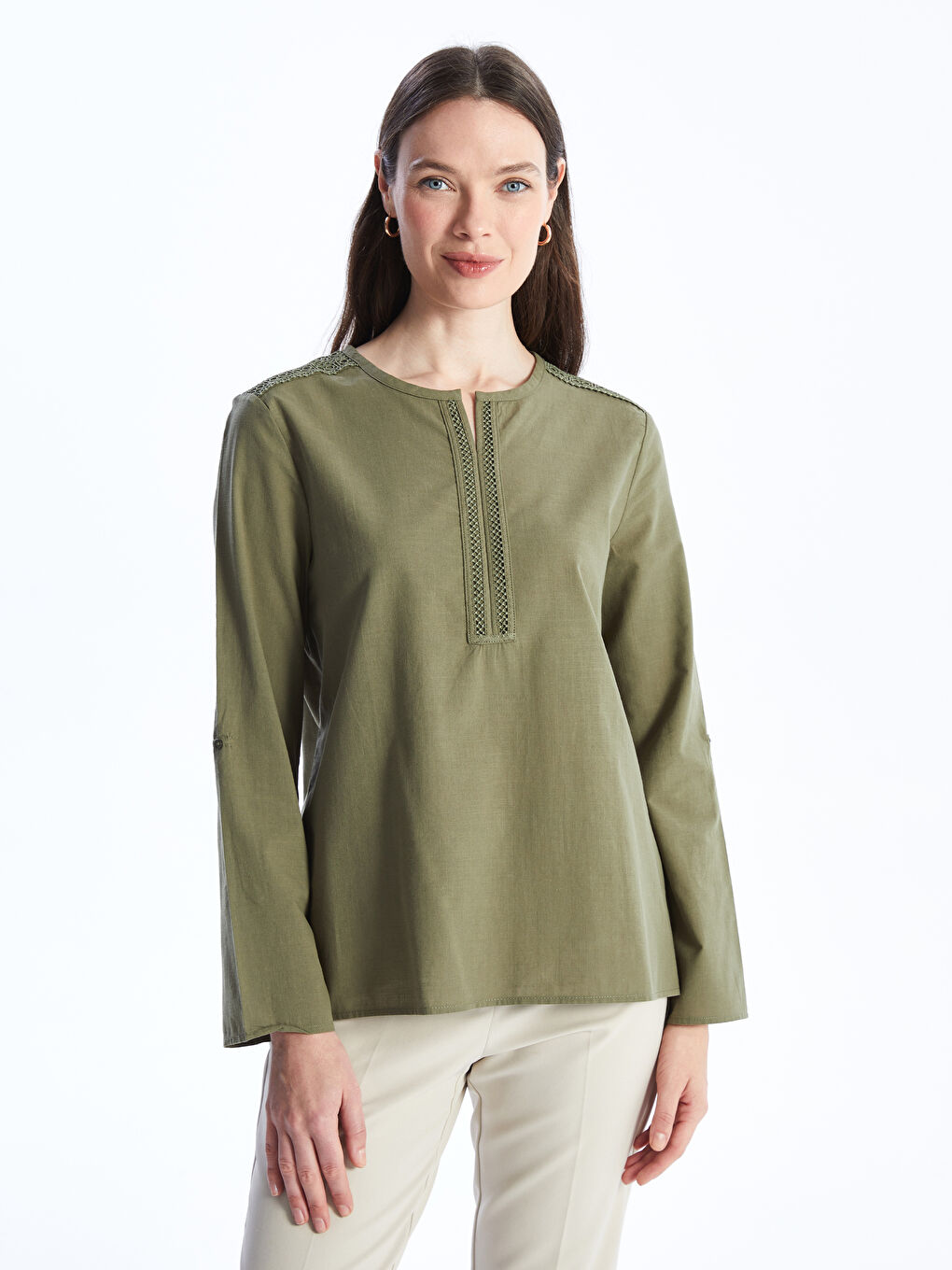 Notch Neck Embroidered Long Sleeve Women's Blouse -S4BI86Z8-GYA
