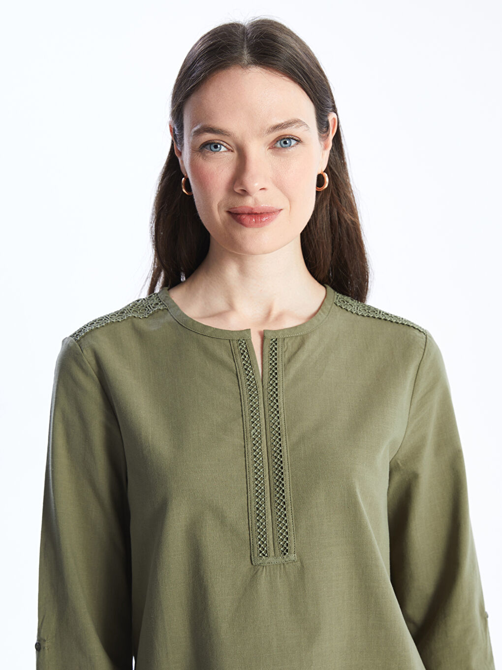 Notch Neck Embroidered Long Sleeve Women's Blouse -S4BI86Z8-GYA