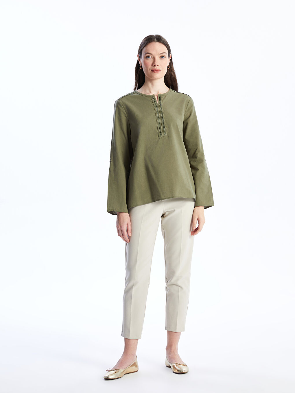 Notch Neck Embroidered Long Sleeve Women's Blouse -S4BI86Z8-GYA