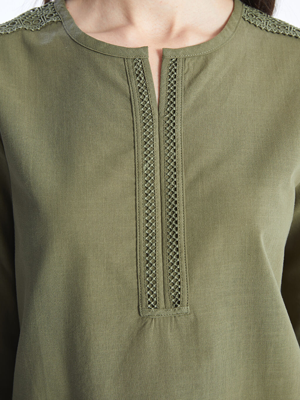 Notch Neck Embroidered Long Sleeve Women's Blouse -S4BI86Z8-GYA
