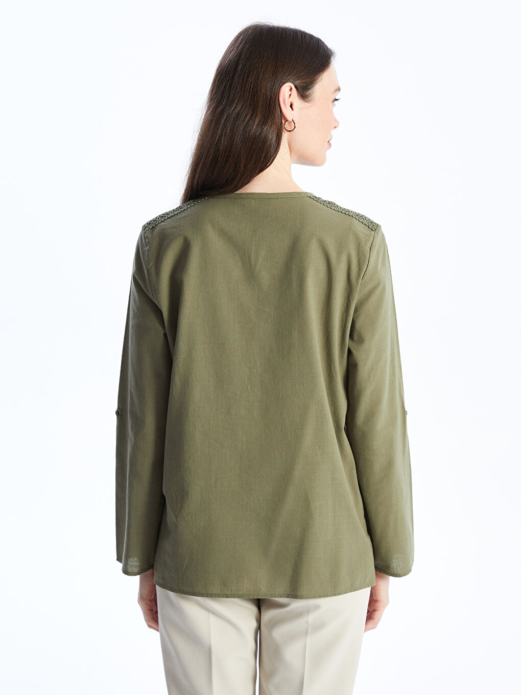 Notch Neck Embroidered Long Sleeve Women's Blouse -S4BI86Z8-GYA