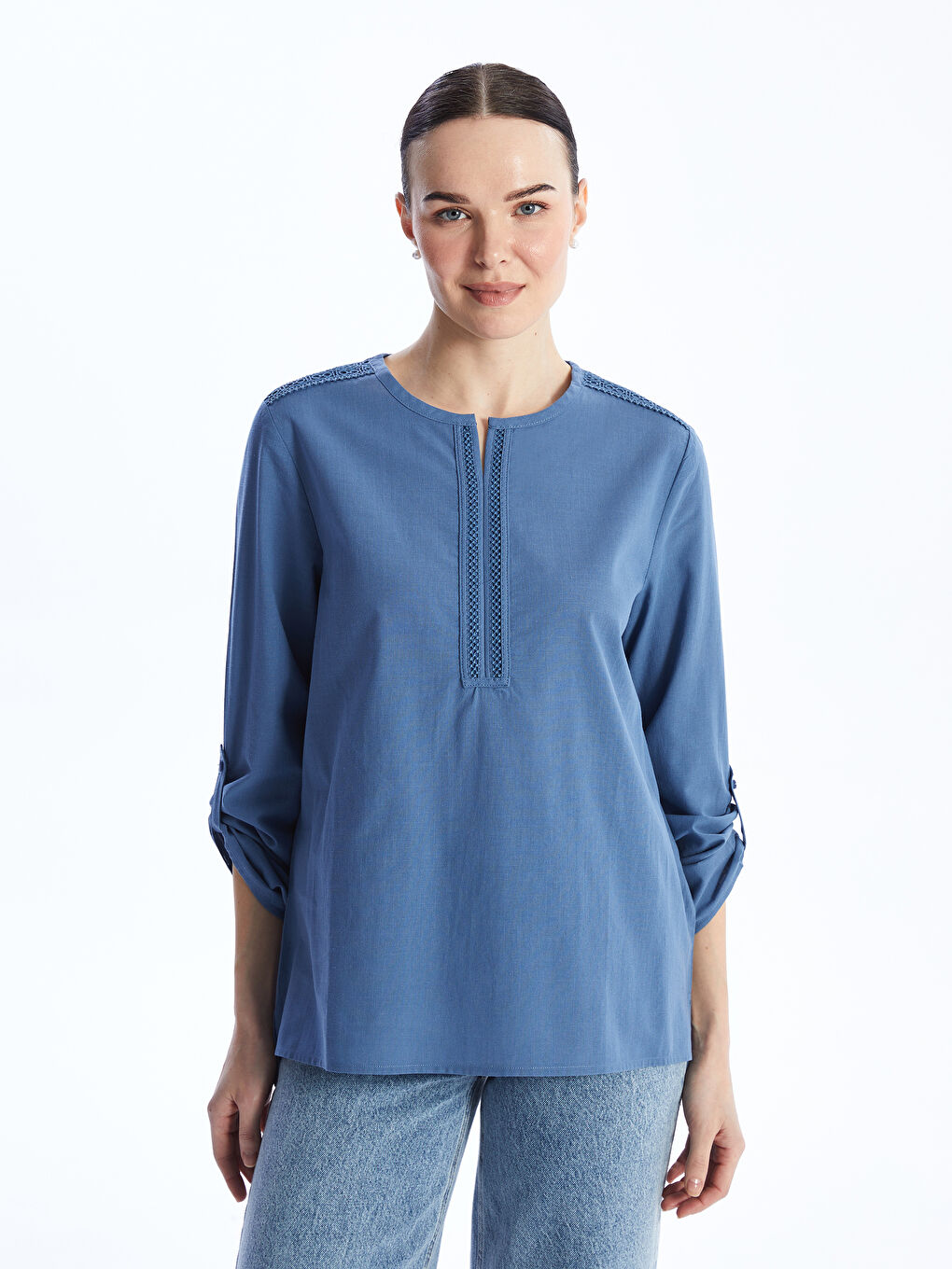 Notch Neck Embroidered Long Sleeve Women's Blouse -S4BI86Z8-KZZ