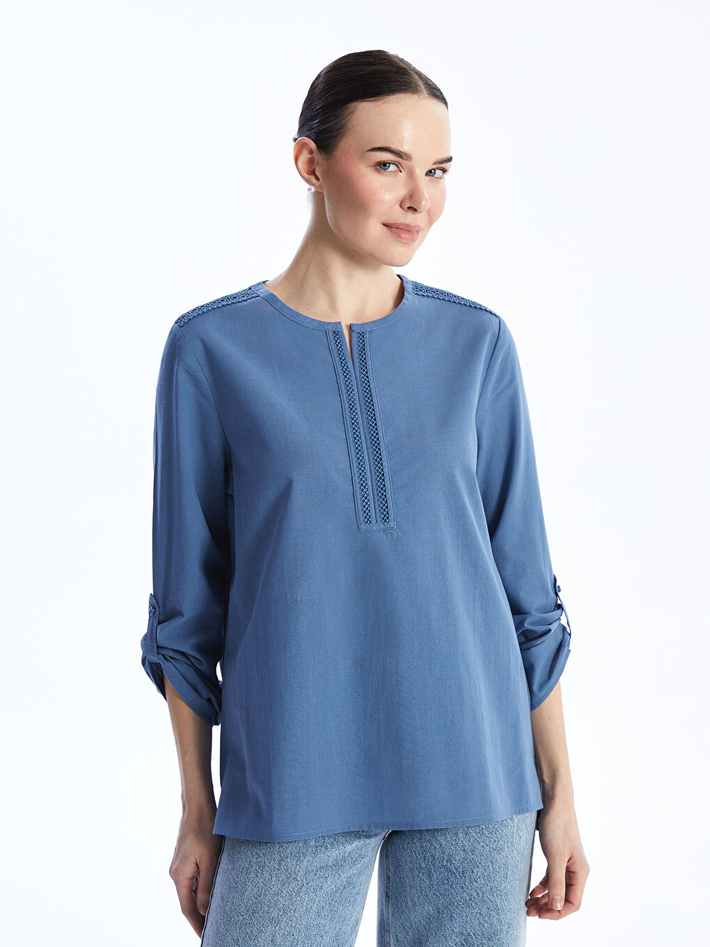 Notch Neck Embroidered Long Sleeve Women's Blouse -S4BI86Z8-KZZ