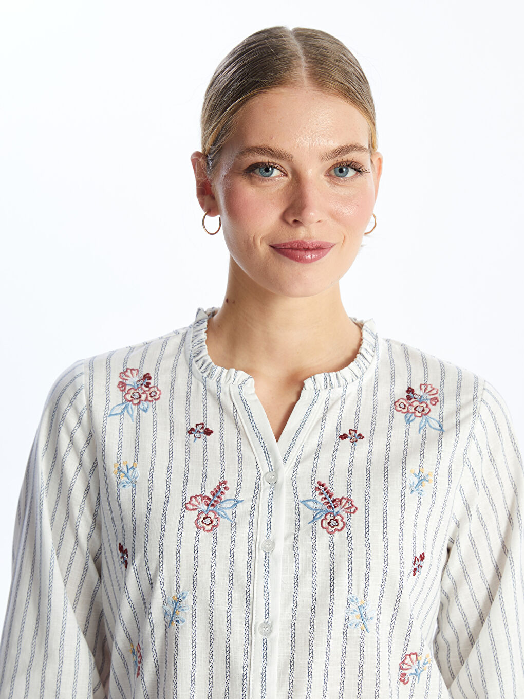 LCW Grace Kerbausschnitt Bestickte Popeline Bluse für Damen -S4BJ46Z8-LEN