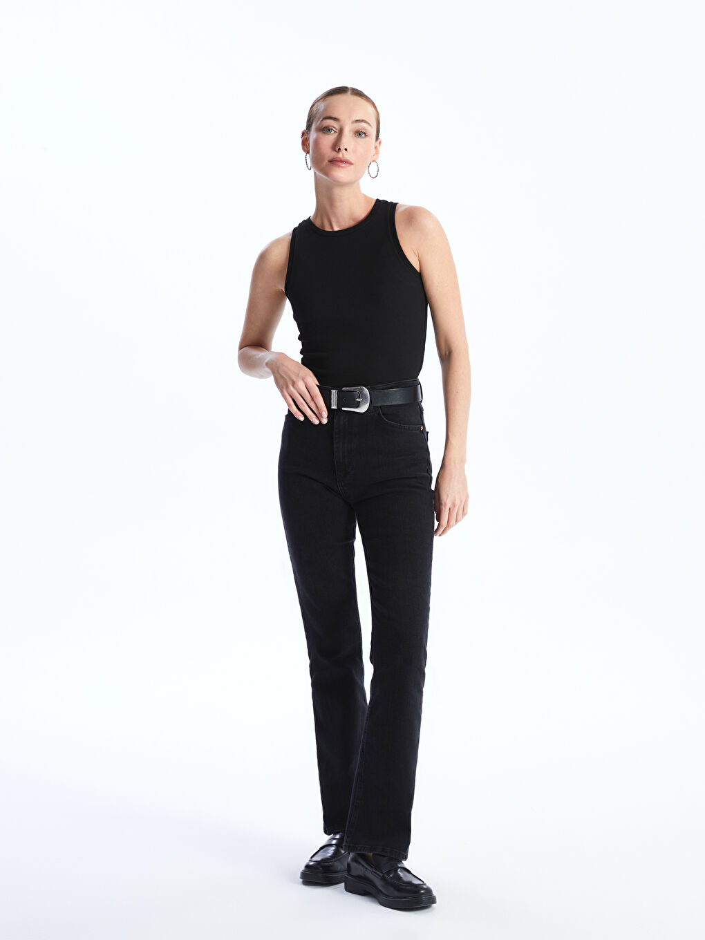 Siyah Kadın Bisiklet Yaka Düz Atlet-2