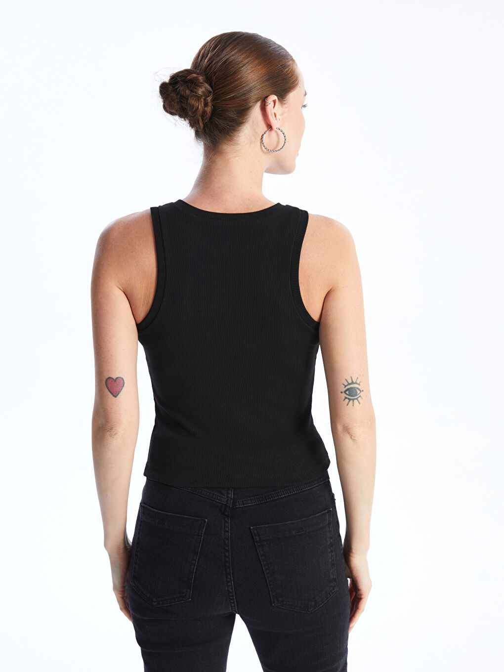 Siyah Kadın Bisiklet Yaka Düz Atlet-4