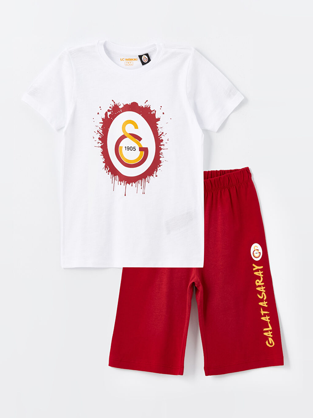 Beyaz Bisiklet Yaka Galatasaray Baskılı Kısa Kollu Erkek Çocuk Şortlu Pijama Takımı