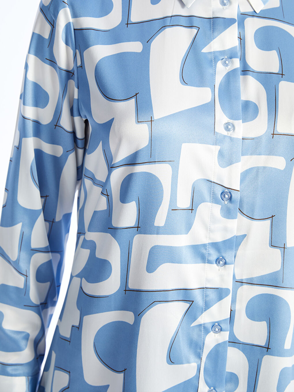 Mavi Desenli Uzun Kollu Saten Kadın Gömlek-3