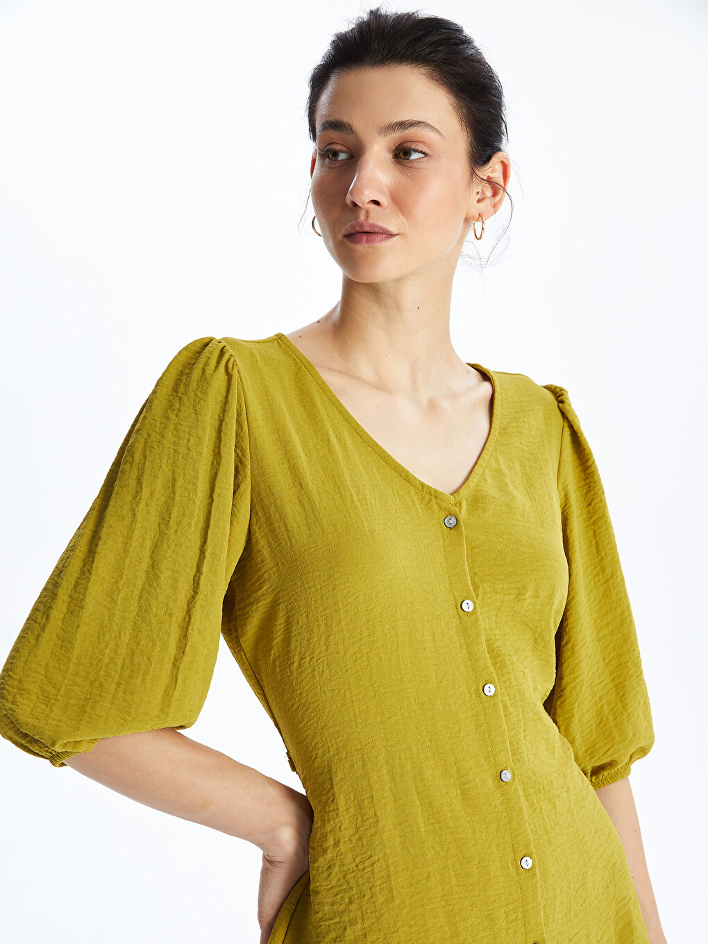 Yeşil Kadın V Yaka Düz Bluz