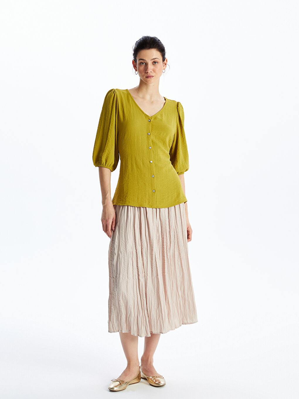 Yeşil Kadın V Yaka Düz Bluz-2