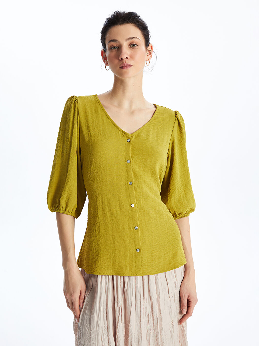 Yeşil Kadın V Yaka Düz Bluz-4