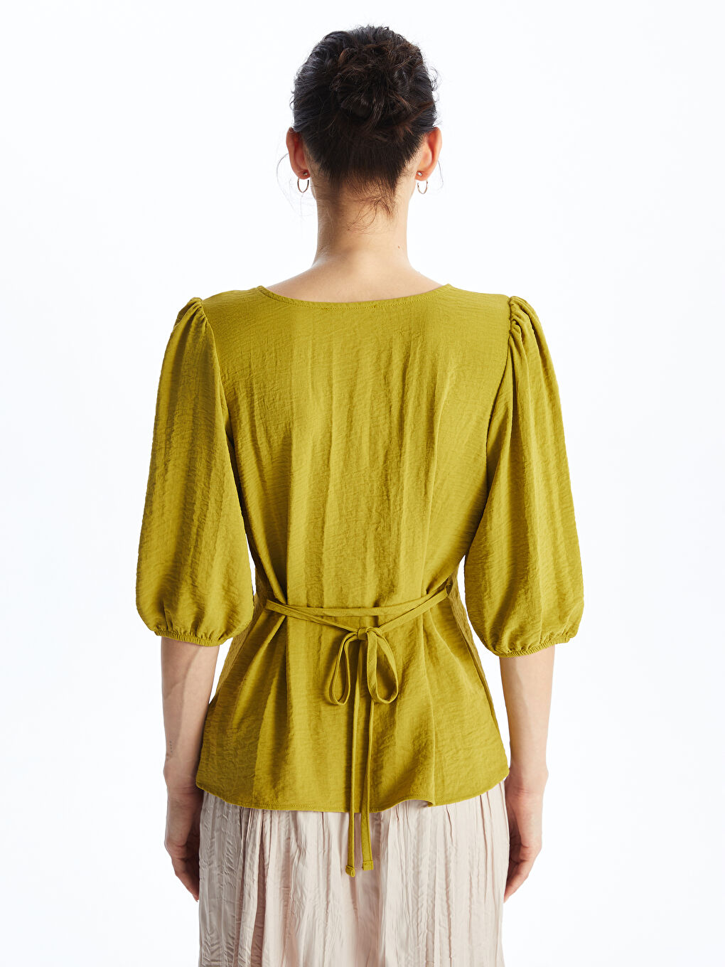 Yeşil Kadın V Yaka Düz Bluz-8