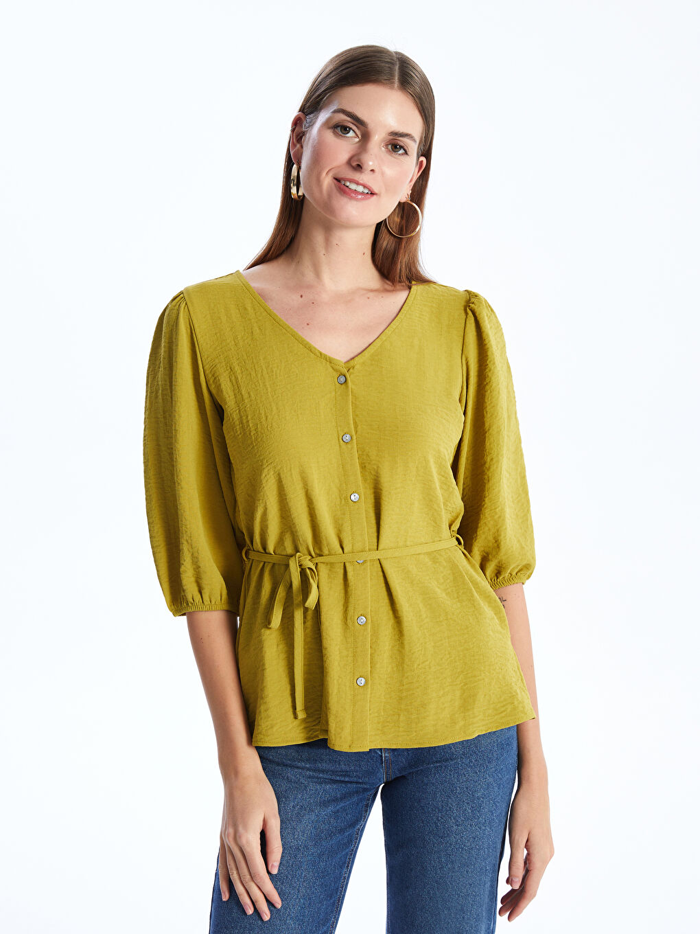 Yeşil Kadın V Yaka Düz Bluz-1