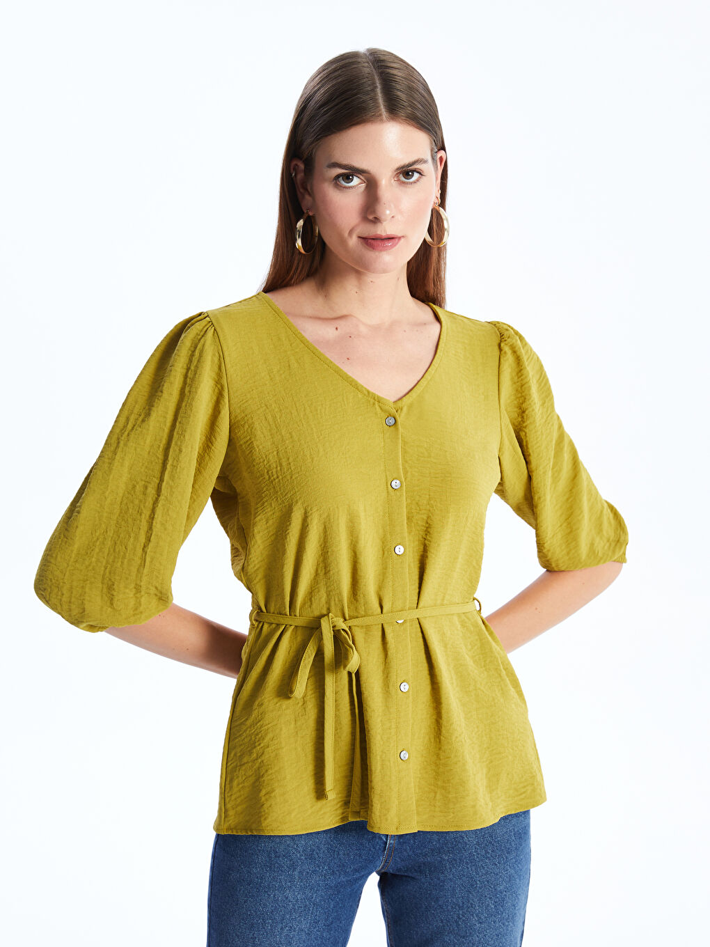 Yeşil Kadın V Yaka Düz Bluz-3