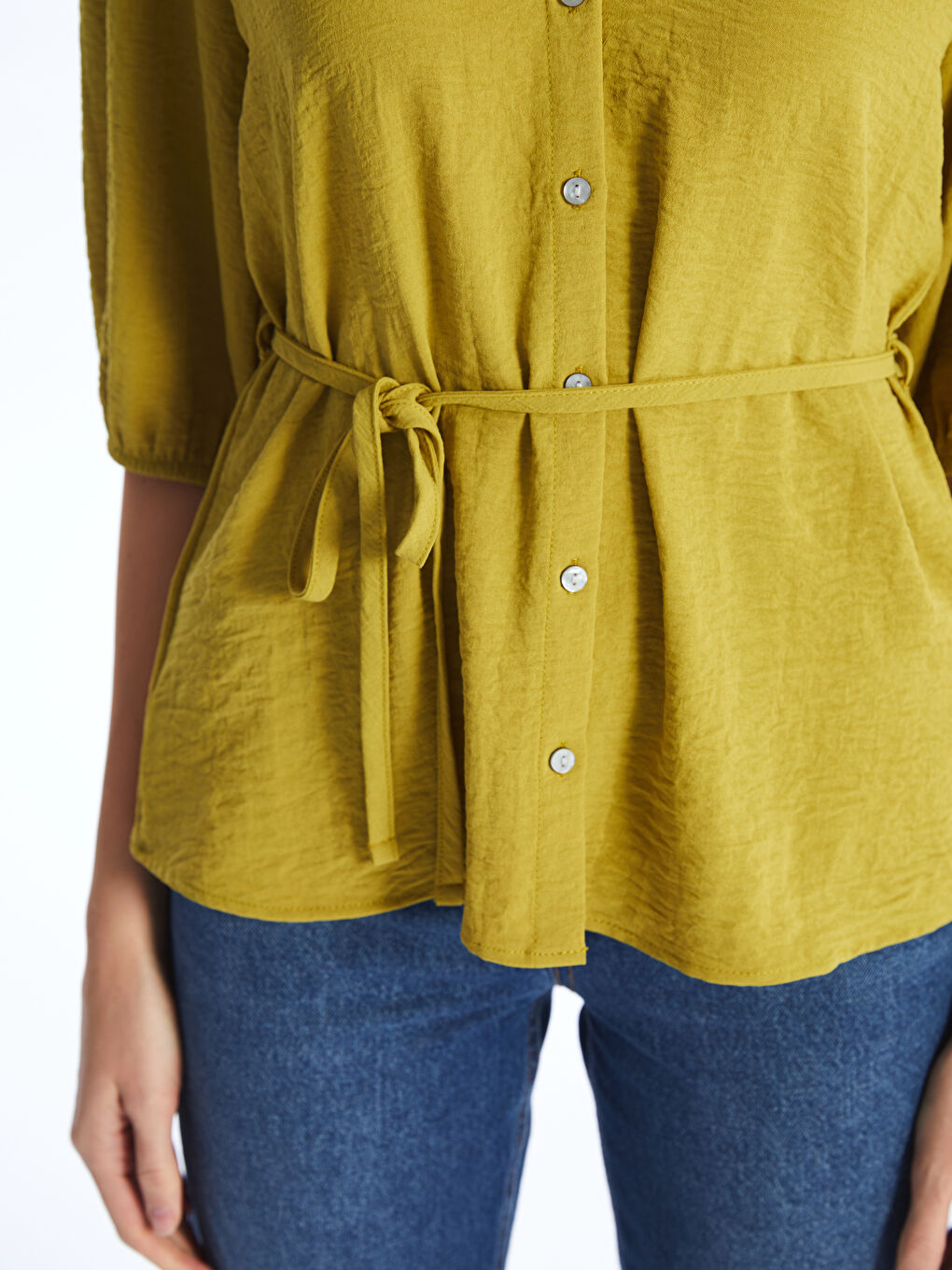 Yeşil Kadın V Yaka Düz Bluz-7